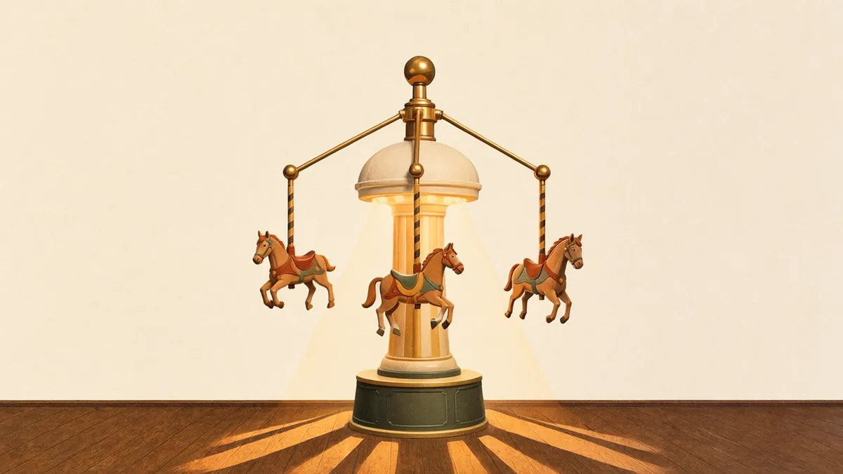 Illustration: three wooden carousel figures hang at staggered heights from one glowing brass spindle, amber light pooling on.