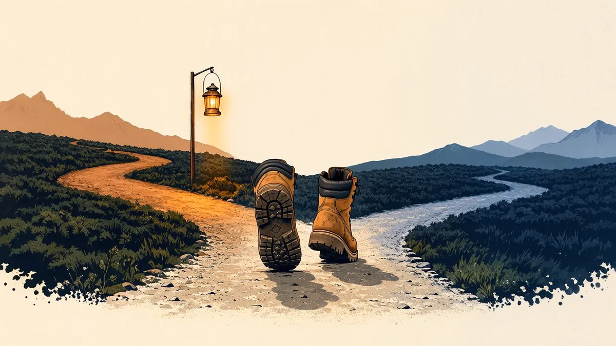 Illustration: A pair of walking boots on a winding path that forks, an amber lantern lighting one branch.