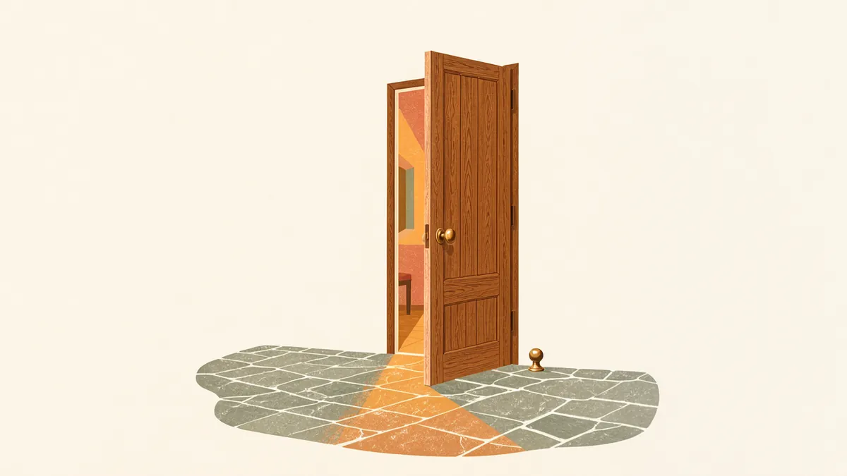 Illustration: A free-standing wooden door ajar, amber light in the gap, a brass knob on flagstone