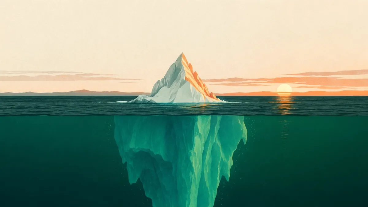 Illustration: An iceberg on a calm green sea, mostly submerged below the surface, its tip lit amber by a low sun.