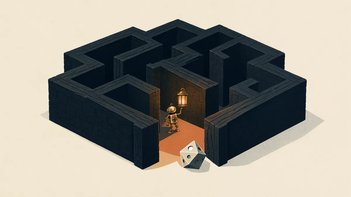 Illustration: A dark wooden maze, a small brass automaton with an amber lantern at its entrance, a white die beside it.