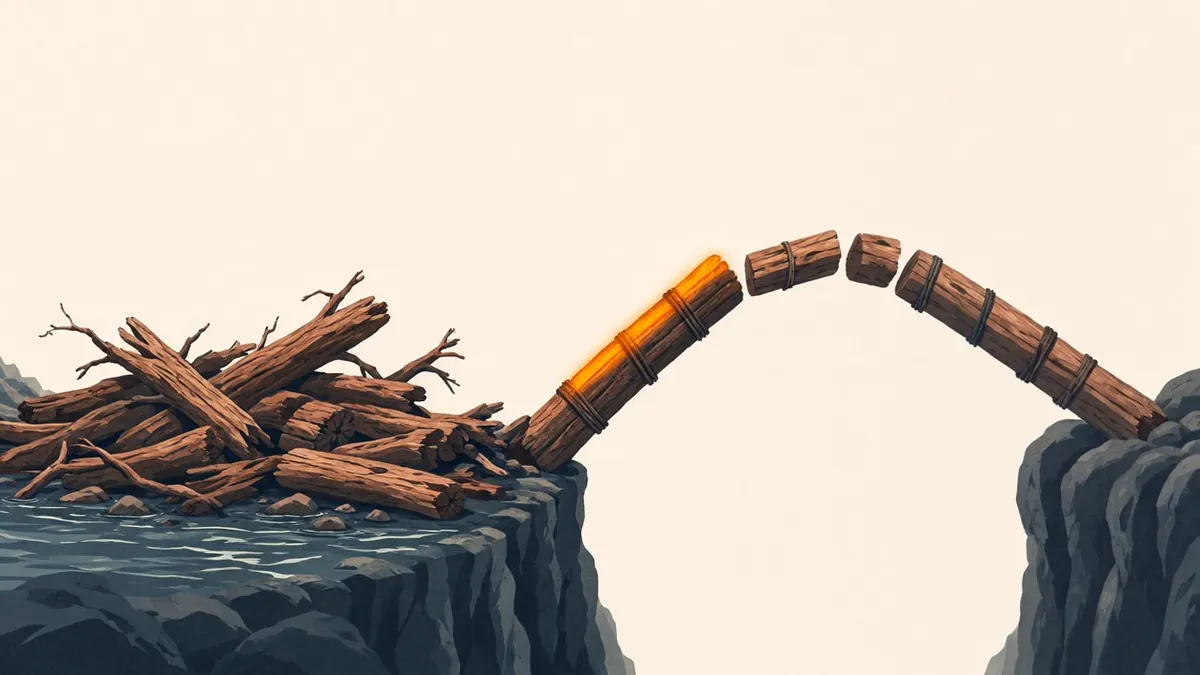 Illustration: Tangled driftwood beside an arched footbridge, one amber plank spanning dark water.