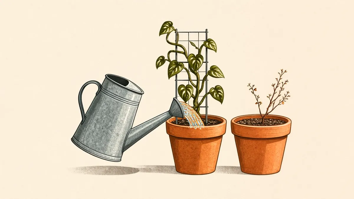 Illustration: A watering can pours onto a vine climbing a trellis in one pot while a bare sapling in the next pot goes dry.