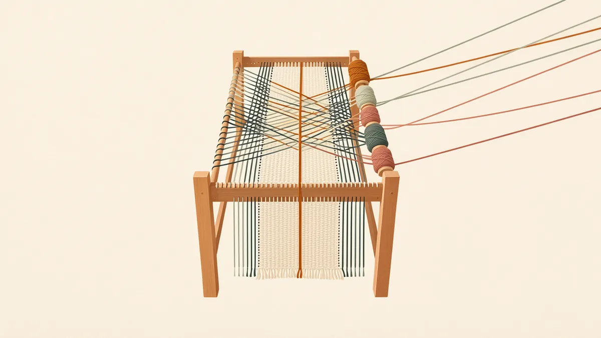 Illustration: A tabletop loom weaving multicolored threads into one cloth strip with a central amber thread.