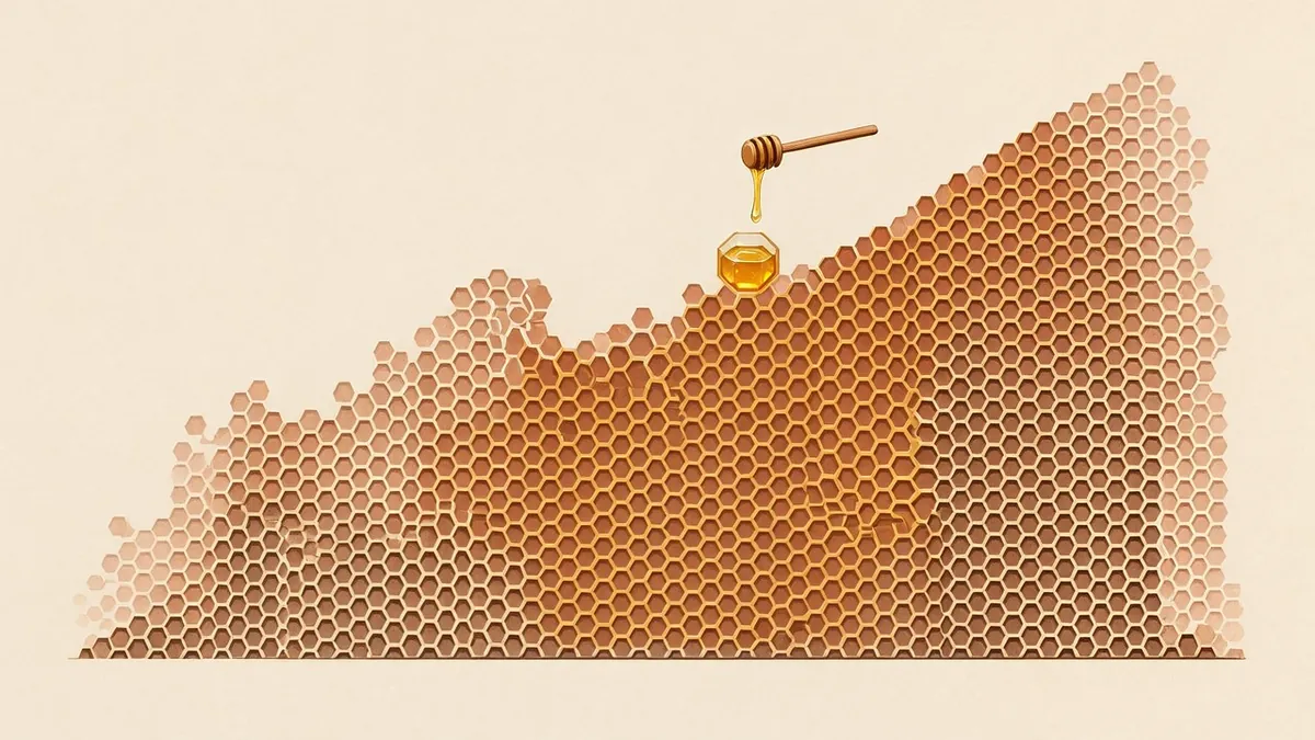 Illustration: A wall of honeycomb cells rising to one amber cell, a wooden dipper above it dripping golden honey.
