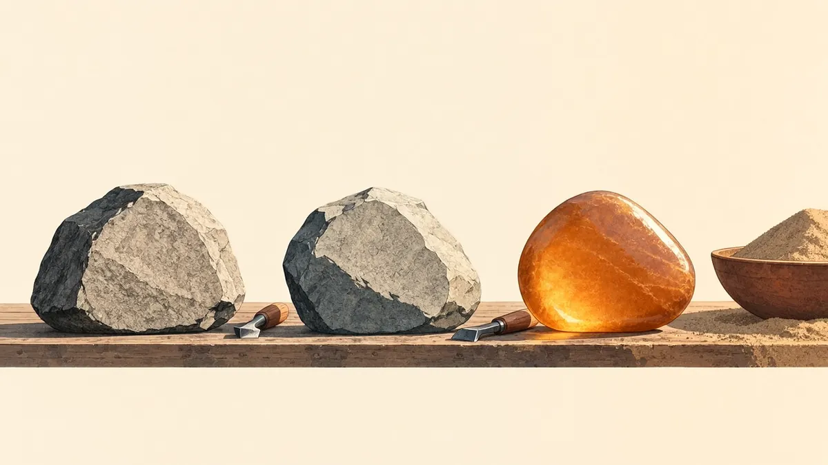 Illustration: A rough boulder, half-carved stone, and smooth amber-glowing pebble in a row on a workbench with a chisel.